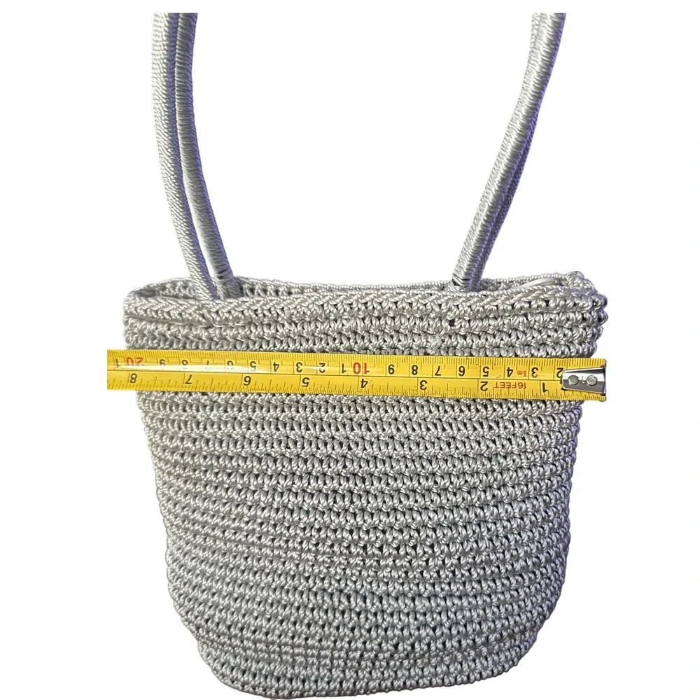 Silver Metallic Gray Crochet Shoulder Bag Floral Zip Tote Handcrafted VTG EUC